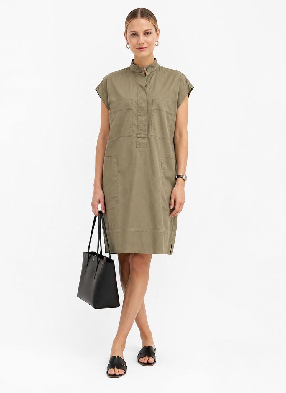 Everlane Organic Cotton Utility Shirt Dress XS Olive Green Pocket Midi EUC